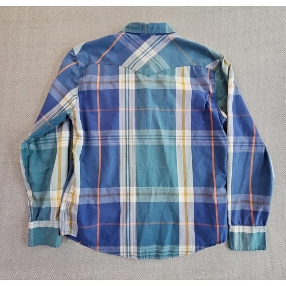 Levi's Western Pearl Snap Shirt Men's Large Green Blue Long‎ Sleeve EUC Cowboy